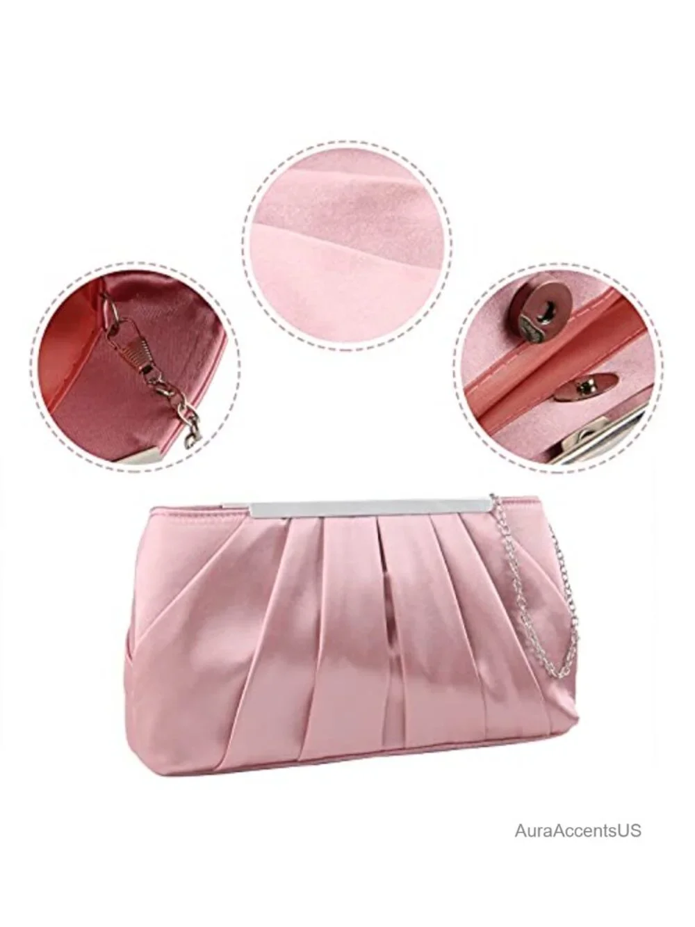 Satin Pleated Evening Clutch Bag Detachable Chain Crossbody Formal Handbag
